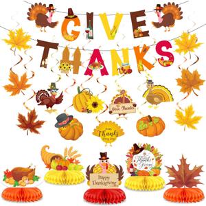 Blosssound 29 Pcs Thanksgiving Party Decorations - Turkey Pumpkin Maple Leaf Honeycomb Centerpieces, Give Thanks Hanging Swirls Banners for Fall Birthday Party Supplies