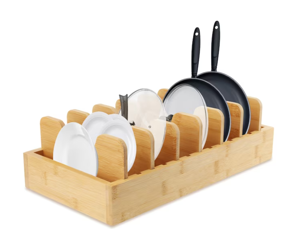 AOIZGMY Bamboo Pot Lid Organizer Adjustable Kitchen Storage Rack for Pots Pans Cutting Boards Baking Sheets with Removable Dividers