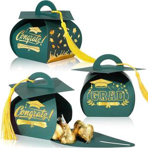 Spakon 30 Pcs Graduation Cap Gift Box Graduation Party Favors Candy Boxes Treat Box with Tassel Table Centerpieces Class of 2025 Grad Decorations (Green, Gold)