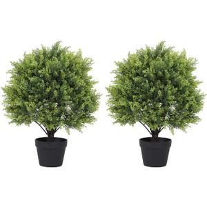 2ft Artificial Cedar Topiary Ball Trees Outdoor, 24" UV Resistant Faux Potted Plants Outside, Realistic Fake Greenery Evergreen Pine Cypress Bushes Shrubs for Front Porch Planter Indoor Decor Set of 2
