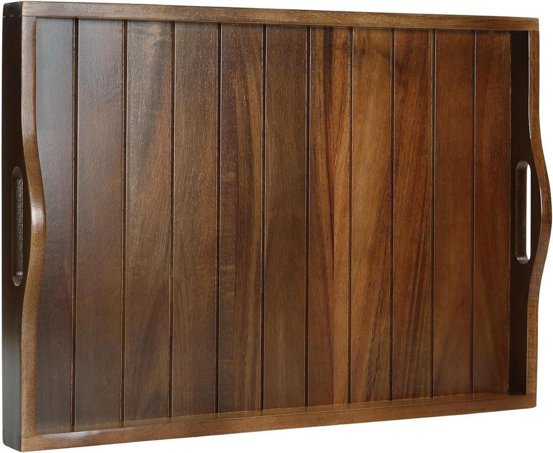 Large Acacia Wooden Serving Tray with Handles 20 x 14 inch Decorative Coffee Table Ottoman Tray for Living Room Extra Large for Kitchen Dinner Food Bar Breakfast in Bed (Dark Brown)