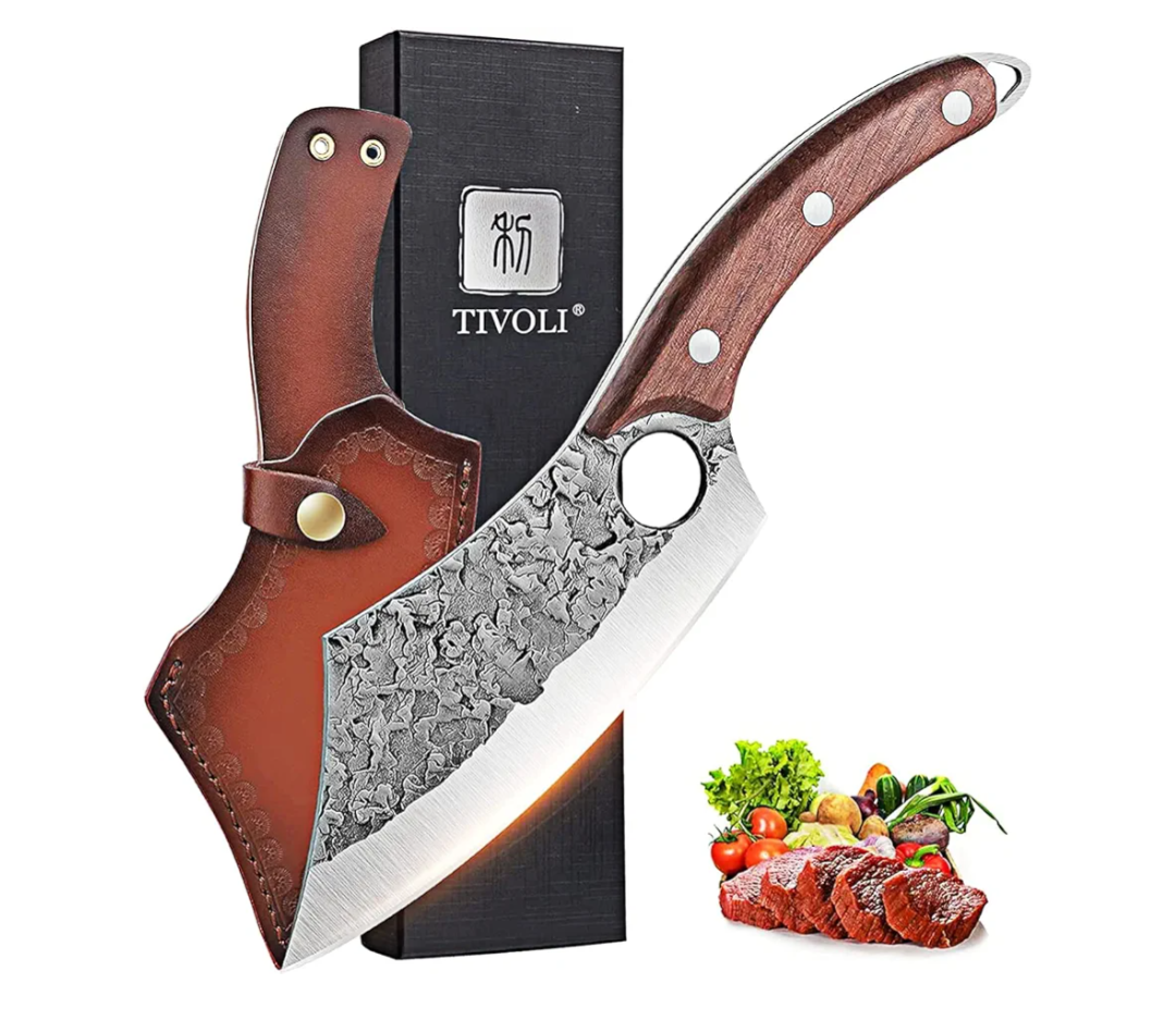 TIVOLI Meat Cleaver Knife, Hand Forged Full Tang Butcher knife for Meat Cutting, High Carbon Steel Viking Knife with Sheath for Kitchen Outdoor Camping BBQ Father's Day Christmas Gift Men Women