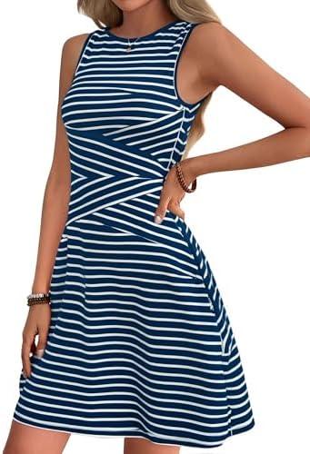 Verdusa Women's Casual Dresses 2025 Sleeveless Striped Mini Dress High Waisted A Line Bodycon Dresses M Blue