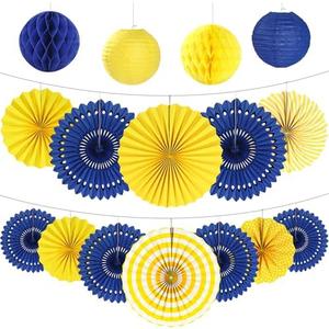 16Pcs Navy Blue and Yellow Party Decorations Hanging Honeycomb Paper Fans Paper Lanterns for Graduation Birthday Wedding Dinner Party Baby Shower Decor (Assorted Sizes)