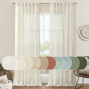 LAMIT Cream Ivory Linen Curtains 95 Inches Long 2 Panels Set for Bedroom, Back Tab and Rod Pocket Linen Textured Natural Curtains Light Filtering Boho Drapes for Living Room/Dining Room, 52"W x 95"L (Pack of 2), Natural