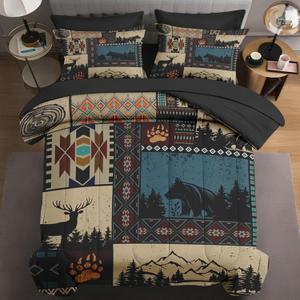 Queen Size Comforter Set with 2 Pillowcases & 2 Shams, Deer Bear Animal Bedding for Kids and Adults, Black White Abstract Bed in a Bag with Flat Fitted Sheet