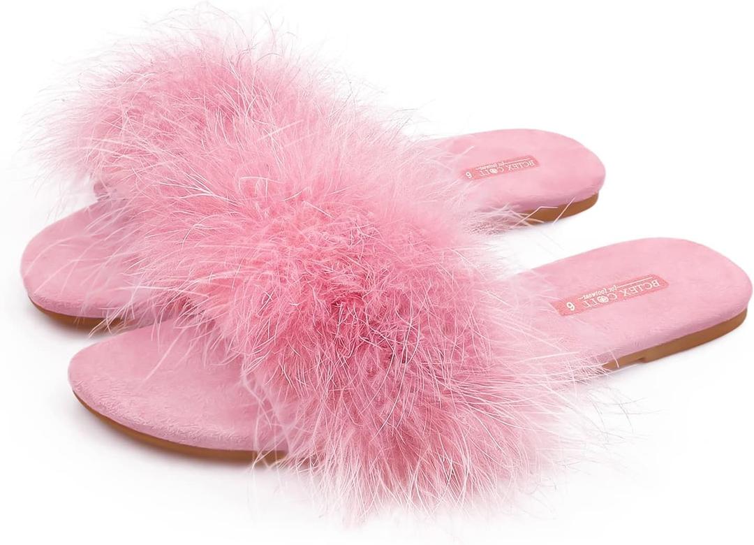 BCTEX COLL Women's Fuzzy Open Toe Slippers Memory Foam Feather Slides Fluffy Furry Indoor House Sandals (9, Pink)