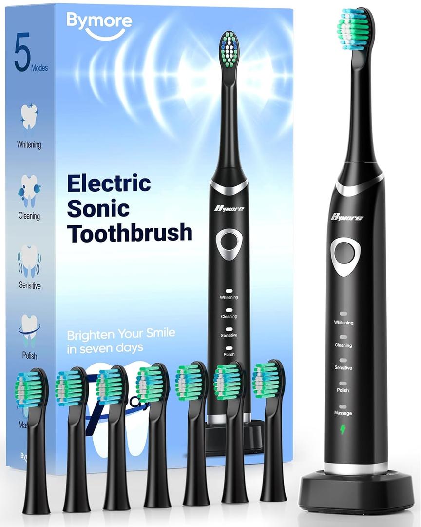 Bymore Electric Toothbrush for Adults,Travel Sonic Toothbrush with 8 Replacement Heads, Ultra Clean Rechargeable Toothbrush Portable One Charge for 330days 5 Modes 2mins Timer-Black (1 Count (Pack of 1))