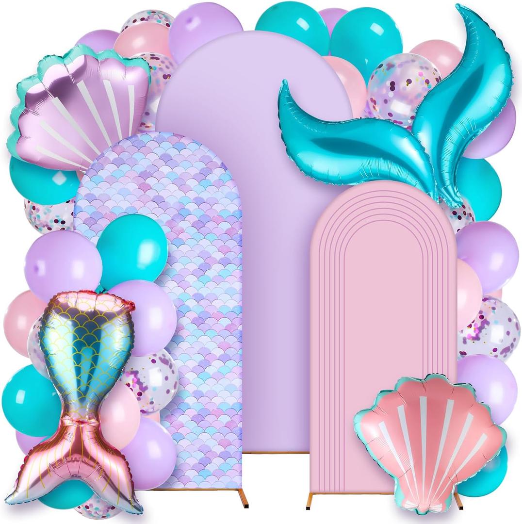Foilswirl 34 Pieces Mermaid Birthday Party Decorations 4ft 5ft 6ft Mermaid Arch Backdrop Covers Spandex Arch Backdrop Cover Pink Purple Seashells Balloons for Summer Birthday Party, 1.65 x 4 ft, 2.1 x 5 ft, 2.6 x 6 ft