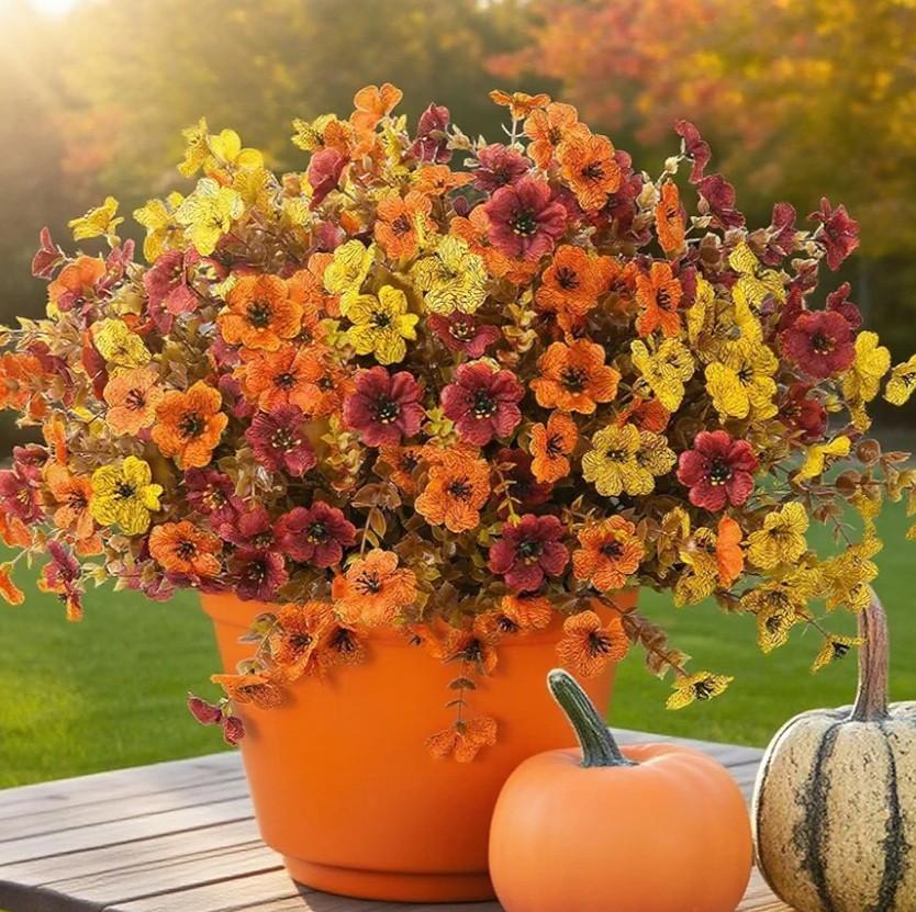 21 Bundles Artificial Fall Flowers for Outdoors 3 Colors Fake Faux Fall Flowers for Decoration with Eucalyptus Leaves No Fade Plastic Flowers in Vase for Autumn Decor Garden Patio Porch Window Home