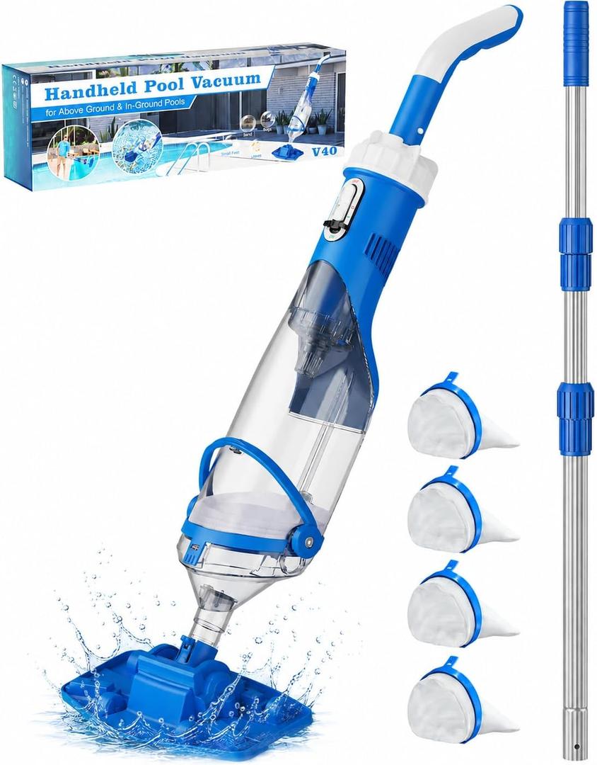 Cordless Pool Vacuum with Telescopic Pole, 18.5 GPM Powerful Suction, 1.5H Supercharge Technology, Handheld Pool Vacuum Cleaner for Above Ground/Inground Pools, Hot Tubs, Blue