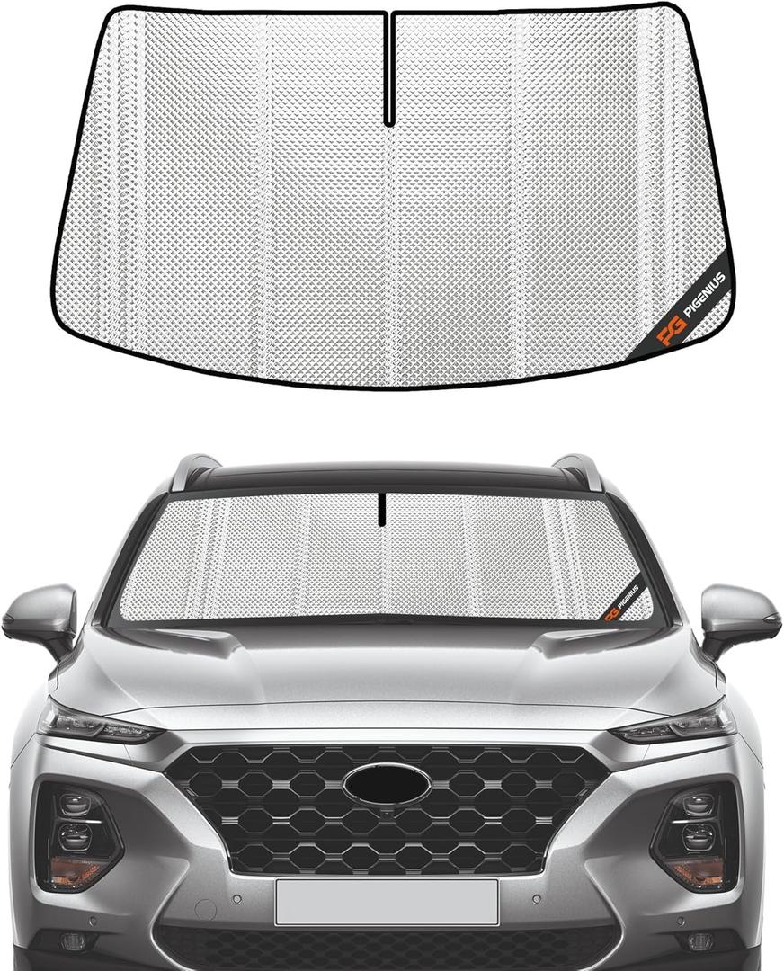 Windshield Sun Shade for Hyundai Santa Fe 2019-2023. Full Coverage Rearview Mirror Shade for Ultimate Protection (Upgrade Shiny Silver)