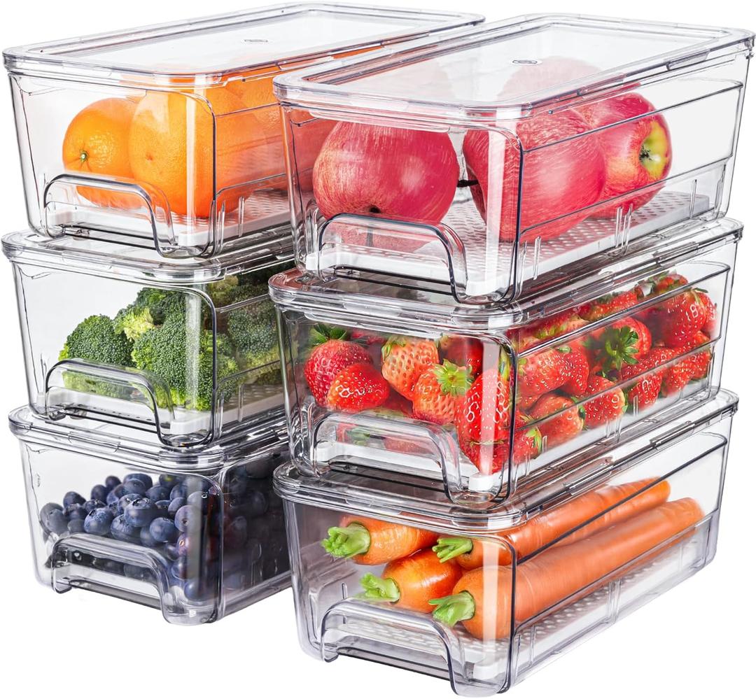 6-Pack Refrigerator Drawer Organizer Bins, Clear Stackable Pull Out Fridge Organizers and Storage Container, with Strainer Layer for Fruits, Vegetables, Drinks, Snack and Food