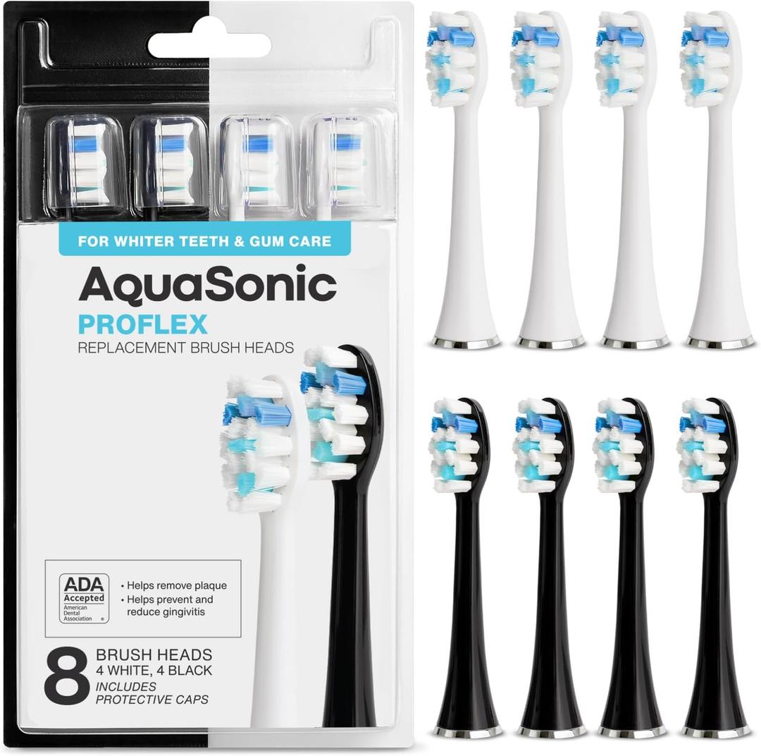 AquaSonic Genuine Duo PRO 8-Pack Replacement Brush Heads - Upgraded Proflex Brush Heads for Improved Plaque Removal - ADA Accepted - Genuine AquaSonic