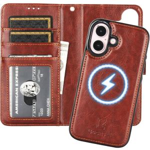 Bocasal for iPhone 16 Wallet Case Compatible with MagSafe Wireless Charging, RFID Blocking Magnetic Leather Case with Card Slots Holder Kickstand Detachable Wrist Strap 6.1 Inch (Brown)