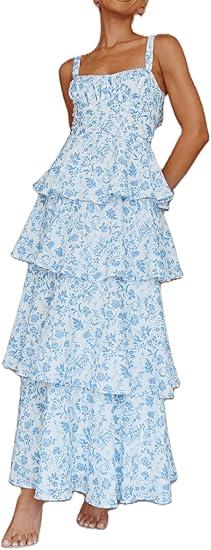 Argeousgor Womens Floral Print Maxi Dresses Tiered Ruffles Long Dress Spaghetti Strap Sleeveless Flowy Layered Sundress, Blue, XL 