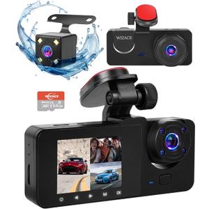 3 Channel Dash Cam Front and Rear Inside with 64GB Card, WIZACE1080P Dash Camera for Cars, Dashcam Three Way Triple Car Camera with IR Night Vision, Loop Recording, G-Sensor, HDR, 24 Hours Recording