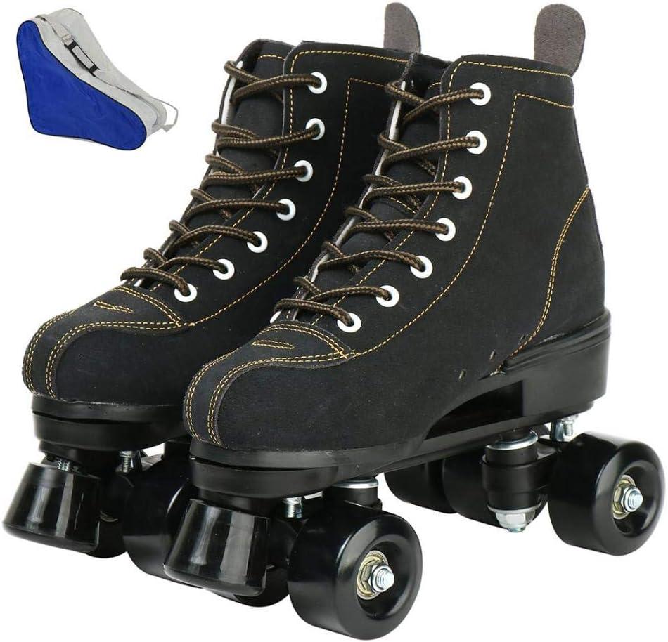 Roller Skates for Women and Men Cowhide High-Top Shoes Classic Double-Row Roller Skate Four-Wheel Roller Skates for Men Girls Unisex Christmas (43 - 10.44in - Women's 9.5 / Men's 8, Black with black wheels)