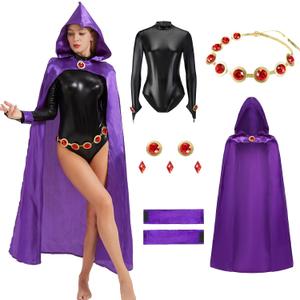 Women's Cosplay Costume Purple Cape Sexy Black Jumpsuit with Belt Cosplay Uniform Suit Halloween, S