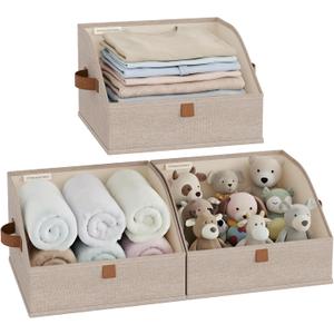 StorageWorks Closet Storage Bins, Trapezoid Organizer Box for Shelves, Fabric Clothes Bin, Foldable Organizing Baskets with Handles, Small, Brown and Beige, 3-Pack