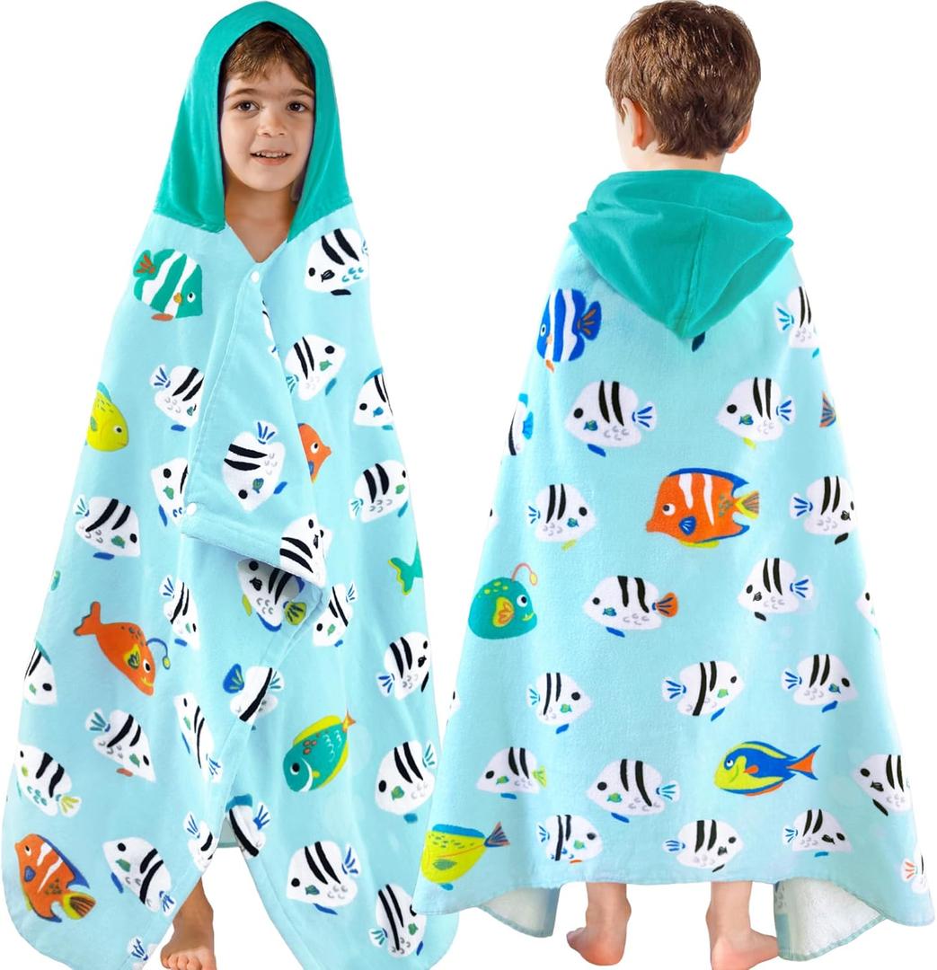 VOOVA & MOVAS Kids Beach Towels with Hood,(3-8 Years, 30''X50),Absorbent 100% Cotton Towel Wrap for Boys, Perfect for Toddler Beach, Pool, Bath, Swimming, Fish