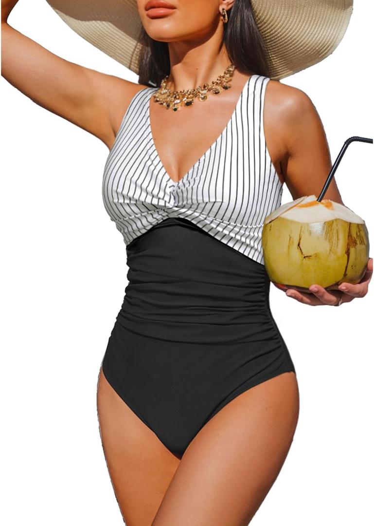 Holipick Women Tummy Control One Piece Swimsuit - Push Up Bathing Suit Full Coverage Slimming Swimwear (Medium, Black Striped)