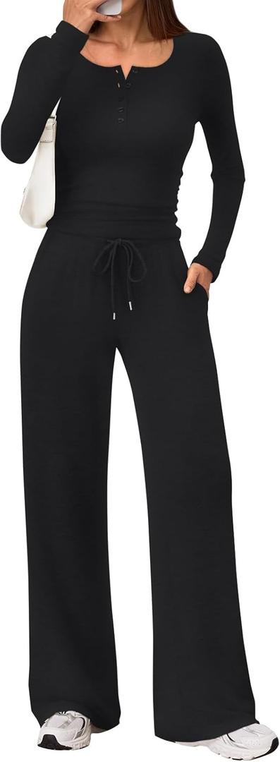 Trendy Queen Women's 2 Piece Matching Lounge Sets Fall Fashion Outfits Henley Neck Sweater Top Wide Leg Pants Sweat Suits Airport Travel Clothes Casual Sweatsuit Loungewear 2025 Black S