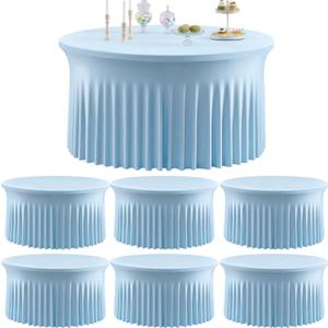 6 Pack Spandex Baby Blue Round Tablecloths for 60in Table, Stretchy 120inch Fitted 5ft Table Cloths, Wrinkle Free Round Tablecovers Skirt for Wedding Birthday Parties Baby Shower Banquet