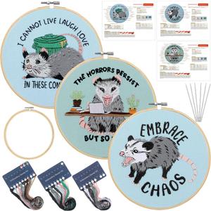 Mindsoft 3 Sets Possum Embroidery Kit with Embroidery Hoop Easy Pattern Needlepoint Kit for Beginners and Adults Hand Crafts Needlepoint Set with Needles Thread and Instruction, 7.9 inches