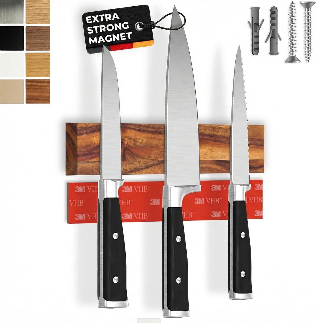 Magnetic Knife Holder for wall, 10" no drilling required, includes self-adhesive tape, extra strong for holding knives Awarded magnet strip Acacia