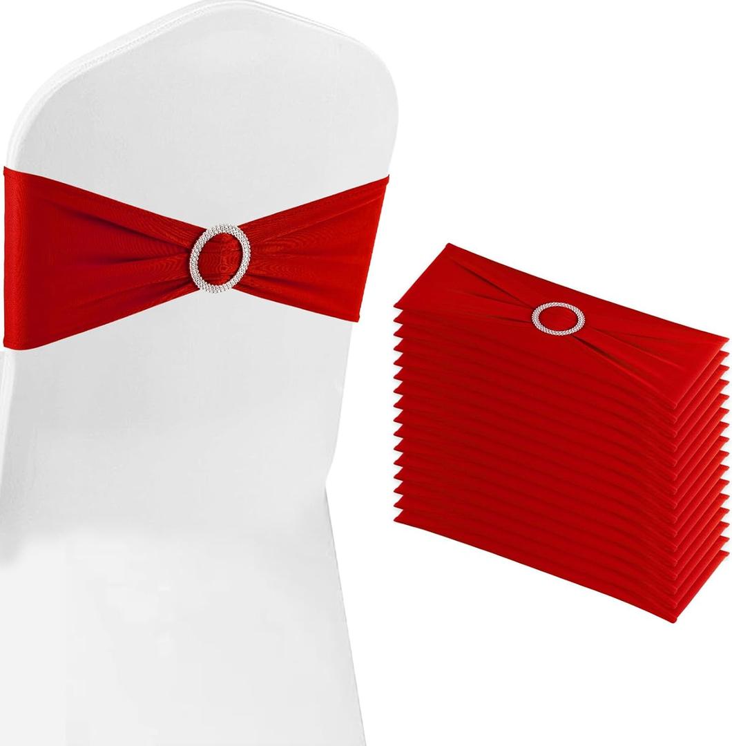 BOUBONI Red Chair Sashes 25 Pack Spandex Stretch Chair Band Sashes with Buckles for Folding Chairs Wedding Party Reception Baby Shower Events Banquet Decorations
