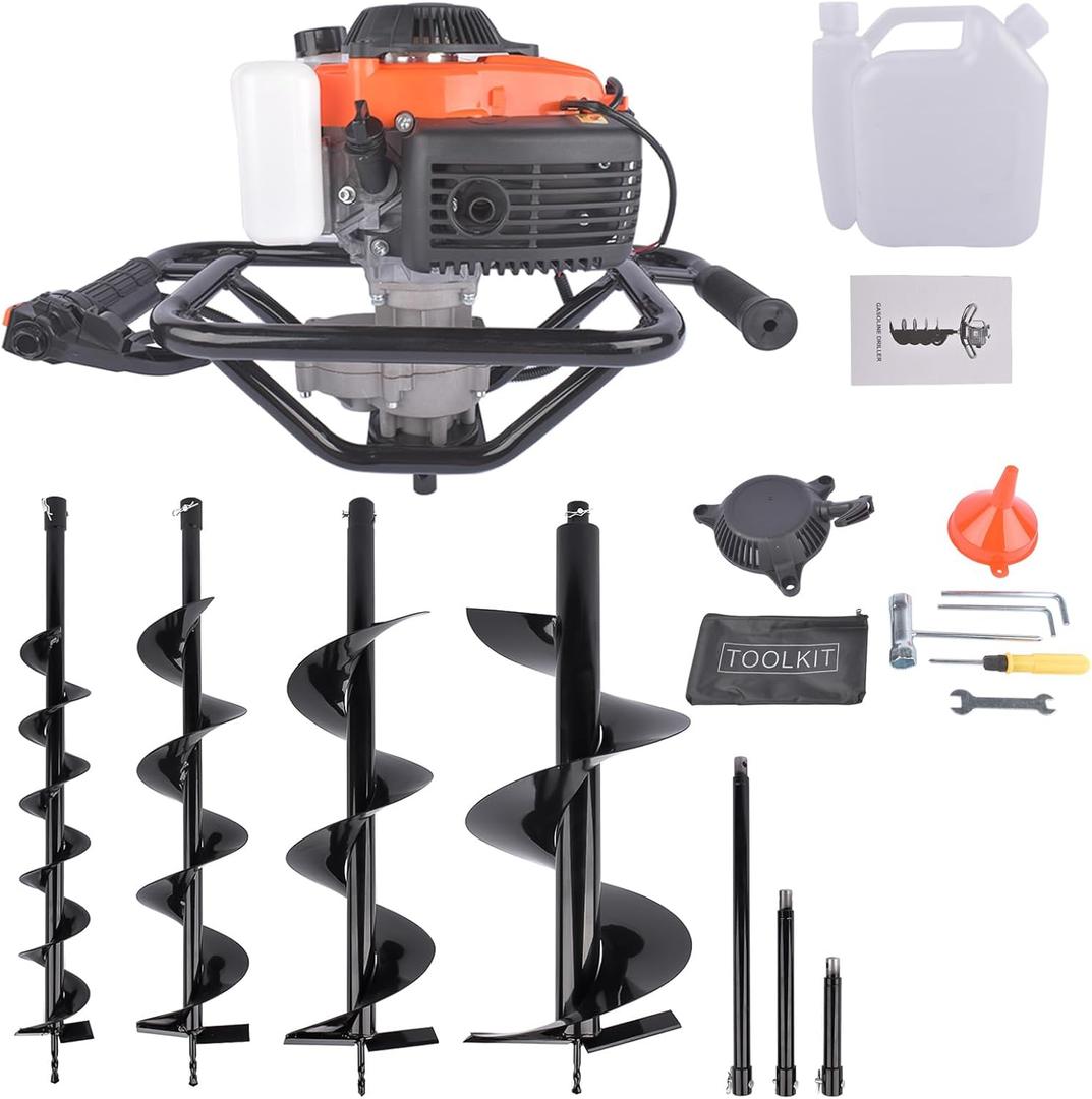 Gas Powered Post Hole Digger Earth Auger - 72cc 4-Stroke Engine with 4"/6"/8"/12" Drill Bits & 8"/12"/20" Extension Rods for Farmland, Garden, Planting