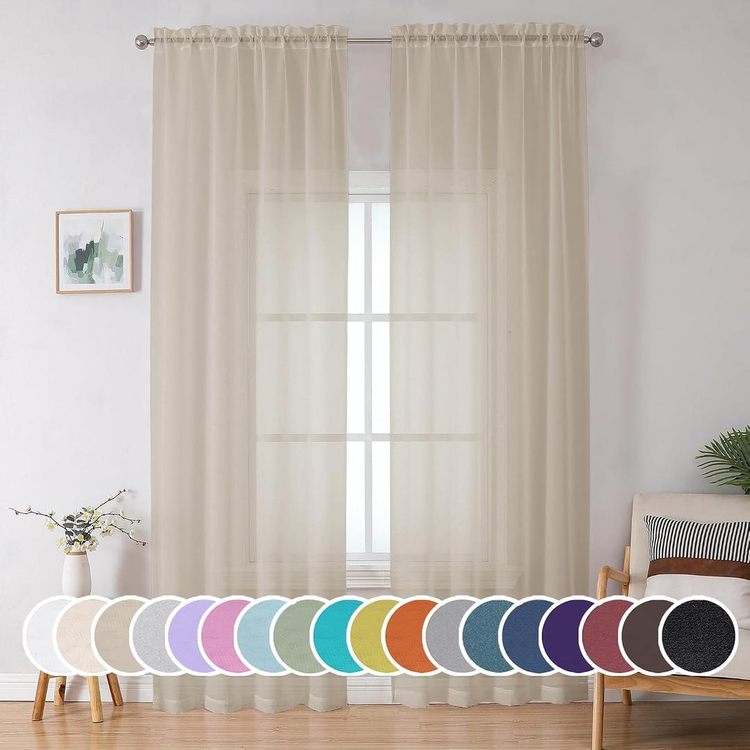 OWENIE Extra Long Sheer Curtains 96 inches Long for Bedroom Living Room, Soft Light Weight Airy Voile Sheer Curtains, Rod Pocket Light Filtering Solid Color Farmhouse Curtains, Each 42Wx96L inch