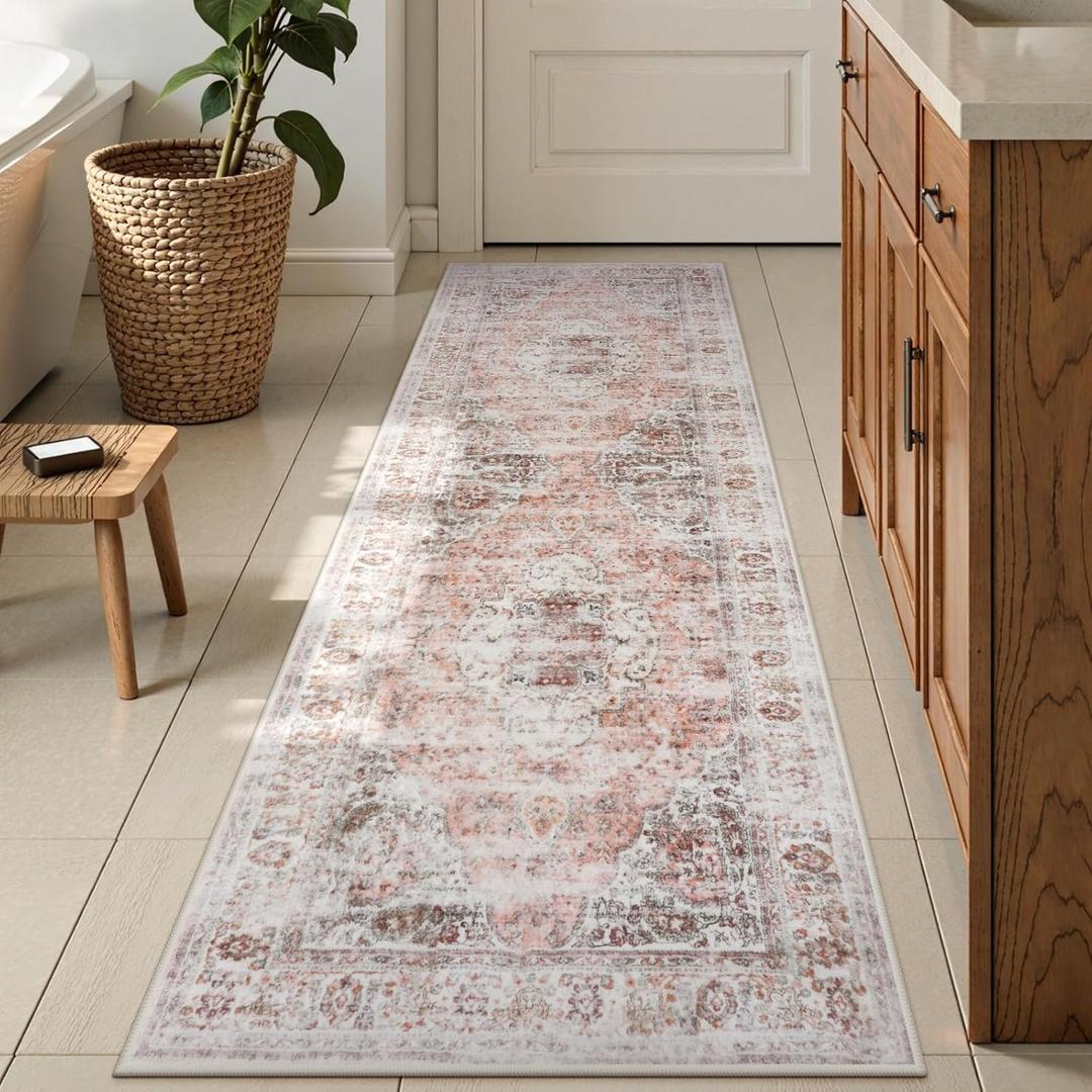 Uphome Bathroom Runner Rug, Distressed Tribal Farmhouse Blush Pink Bathroom Mat, Large Bathroom Rugs Non Slip Washable, Oriental Retro Boho Bath Mat Runner for Bathtub Sink Hallway, 24x59 inch