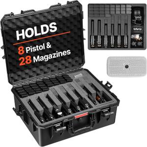 VEVOR Hard Pistol Case, Holds Multiple Pistols & Magazine, Hard Gun Case with Pre-Cut XPE Foam Lining, Waterproof Firearm Travel Case with Handle for Gun, Lenses, Camera, Gear, TSA Compliant, 8 Pistols & 28 Magazine