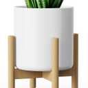 8 Inch Ceramic Planter with Wood Stand, Mid-Century Modern Minimalist Design Plant Pot with Drainage & Luxurious Stand for Indoor Home Decor (White)
