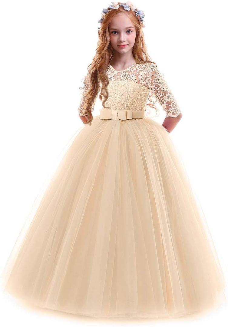 Girls Flower Vintage Lace 3/4 Sleeves Wedding Bridesmaid Tutu Dress Floor Length Party Evening Formal Dance Ball Gown (Beige)