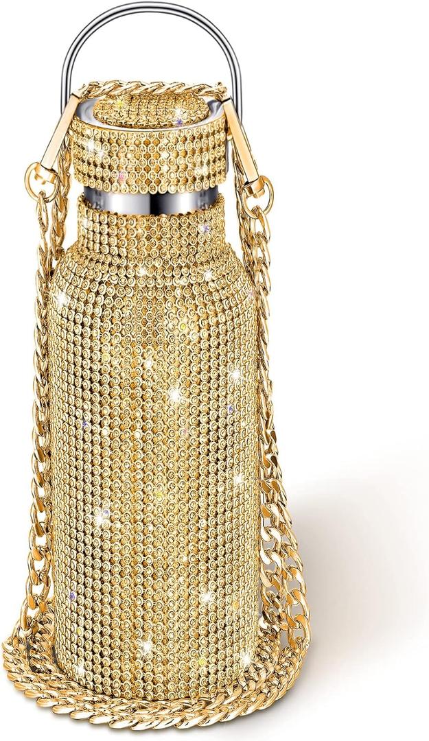 Diamond Water Bottle Bling Rhinestone Stainless Steel Thermal Bottle Refillable Insulated Glitter Water Jug with Chain for Women Girls Gifts(750 ml,Gold) (25.4 Ounces)