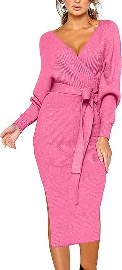 CHERFLY Women's V Neck Sweater Dresses Batwing Long Sleeve Backless Bodycon Long Dress with Belt(Pink, S)