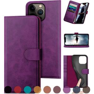 DuckSky for iPhone 15 Pro 6.1" Genuine Leather Wallet case 【RFID Blocking】【4 Credit Card Holder】【Real Leather】 Flip Folio Book Phone case Protective Cover Women Men for Apple 15 Pro case Purple