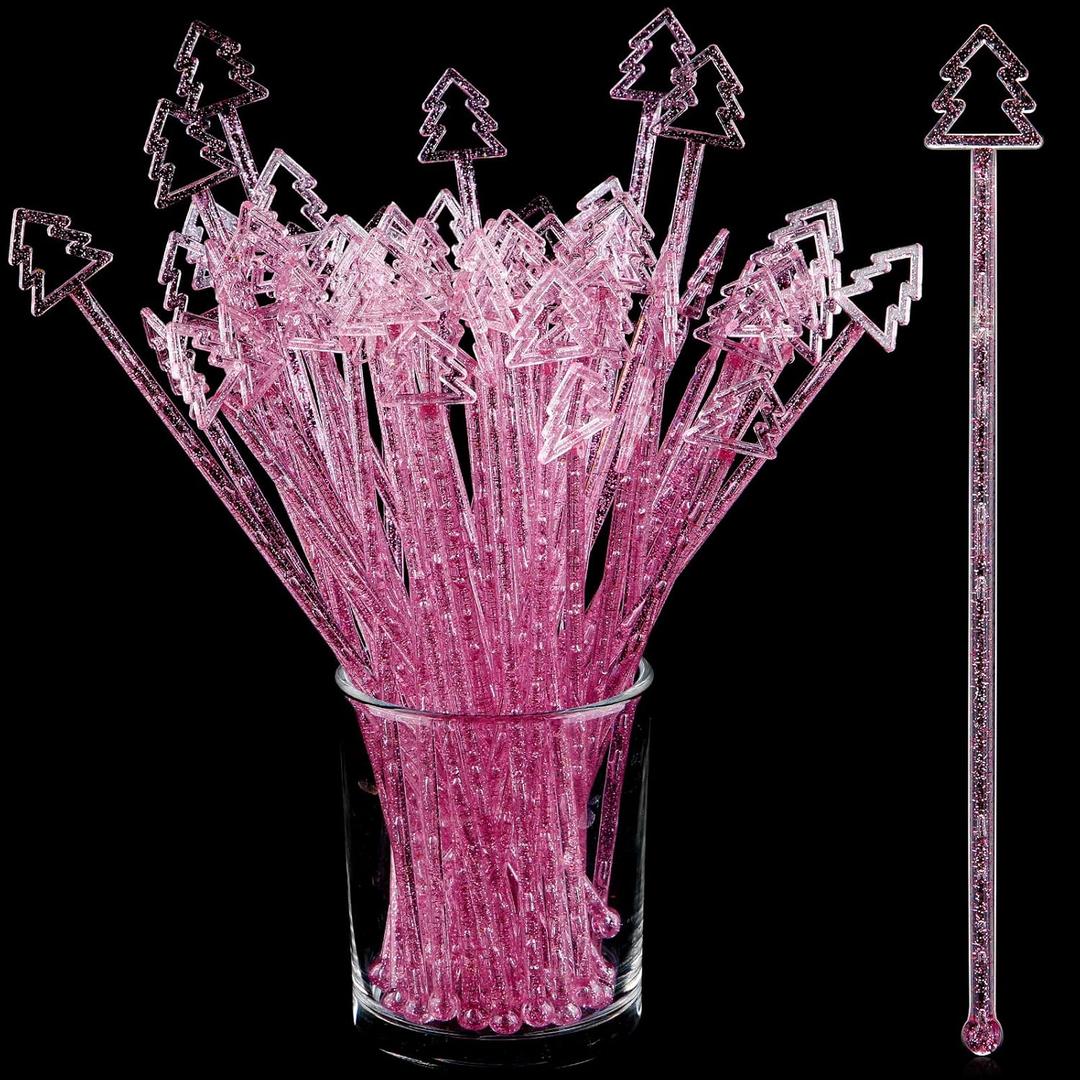 Tioncy 60 Christmas Drink Stirrers Christmas Coffee Stirrers Bulk Christmas Tree Top Swizzle Sticks Plastic Drink Stirrers Glitter Swizzle Sticks for Drinks Bar Christmas Party (Pink)