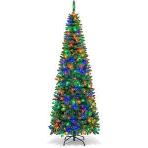 7.5 ft. Pre-Lit Hinged Pencil Artificial Christmas Tree with 350 Multi-Color LED Lights