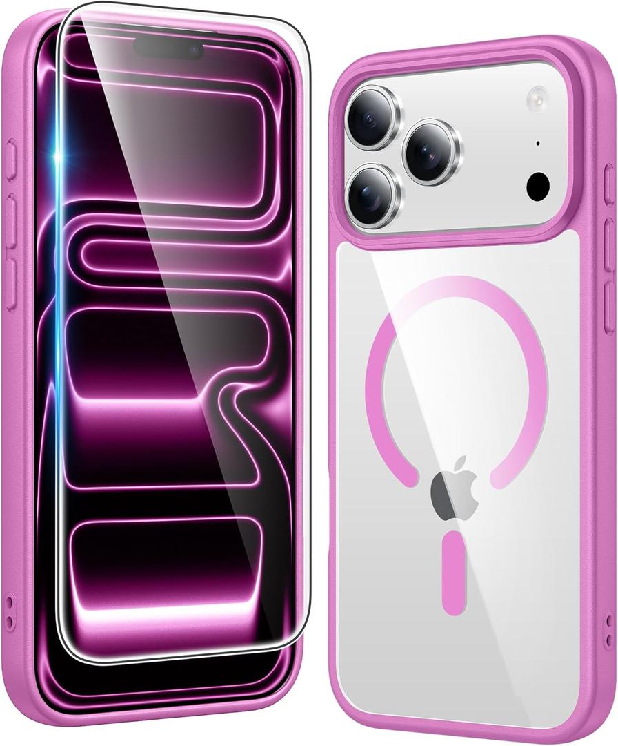 FNTCASE for iPhone 17 Pro-Max Case: Clear Magnetic Phone Cases with Screen Protector Compatible with Magsafe Slim Anti Yellowing Rugged Shockproof Protective Transparent Cell Phone Cover (B-Pink)
