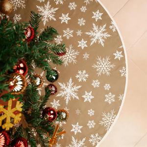 Christmas Tree Skirt 48 Inch Khaki Tree Skirt with White Snowflake Printed Pattern Rustic Xmas Tree Skirts Christmas Tree Mat for Home Xmas Holiday Party Winter Indoor Outdoor Decorations