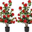 Artificial Camellia Tree 3.3 FT 2 Pack, Christmas Decor Fake Camellia Plant with Blooming Flowers&Natural Wood Trunk, Greenery Faux Potted Plant for Home Office Winter Indoor (Red, 3.3FT)