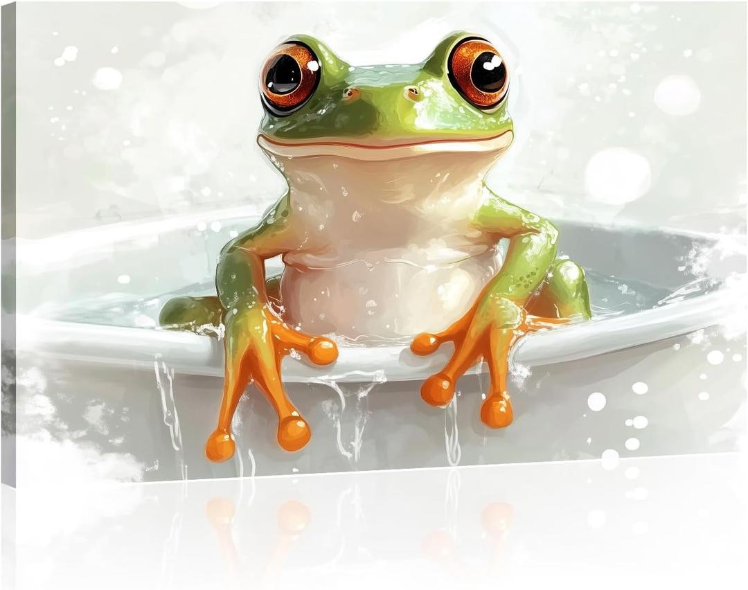 Frog Canvas Wall Art Bathroom Wall Decor Funny Frog in Bathtub Picture Animal Painting Prints Modern Bathroom Artwork Toilet Home Decor Framed - 16.00x24.00 inch