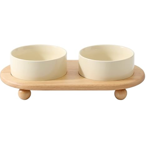 Ceramic Elevated Cat Food and Water Bowl, Kitty Bowl, Raised Cat Dish, Pet Feeder (5.1 in, 2 x Beige + Stand)