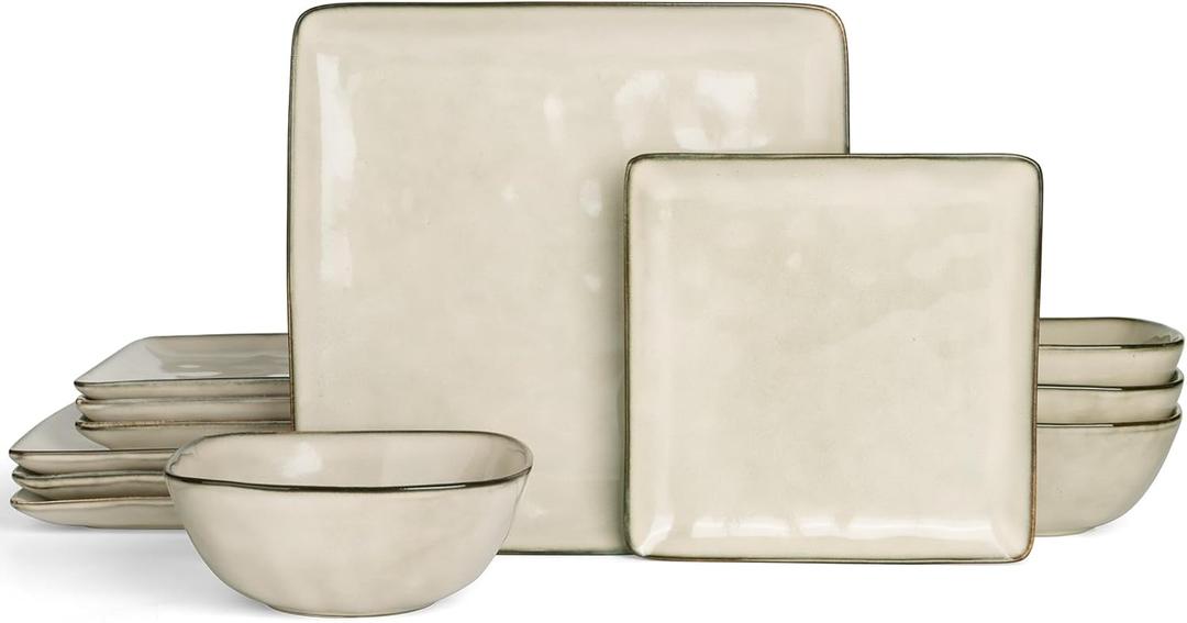 Famiware Dinnerware Sets for 4, Ocean Square 12-Piece Kitchen Plates and Bowls Sets, Microwave and Dishwasher Safe, Scratch Resistant, Light khaki