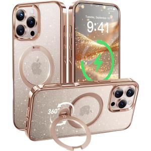 CASEKOO Gold Sparkle 360 Spin Magnetic Stand for iPhone 16 Pro Case, Fit for MagSafe, 16FT Drop Protection, Chic Design for iPhone 16 Pro Case with Built-in Stand, Sparkle Rose Gold
