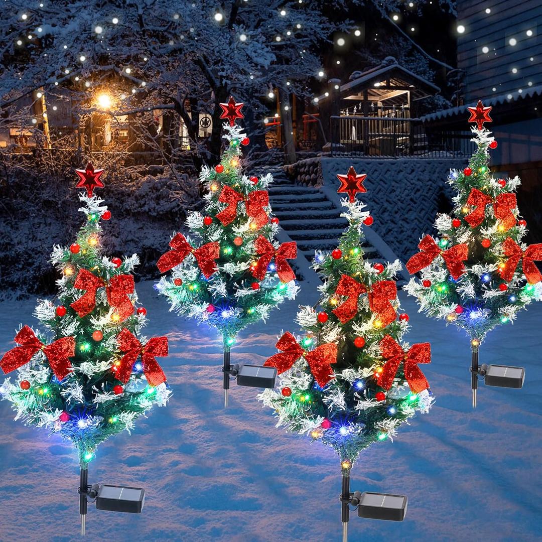 Solar Christmas Tree Light - Christmas Waterproof Small Pathway Lights, Outdoor Lights Christmas Decorations Cedar Xmas Tree with 20 LED Lights in 4 Colors for Garden/Yard/Patio, 4 Packs (White)